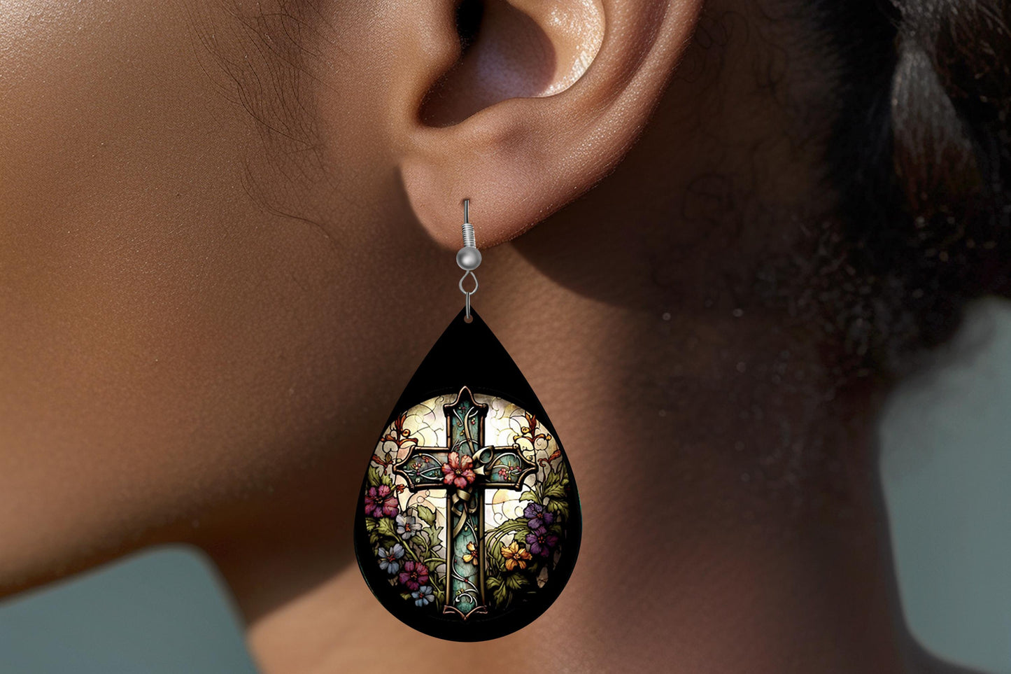 New Release Floral Cross Print Earrings, Teardrop Dangle Printed Earrings Jewelry Handmade