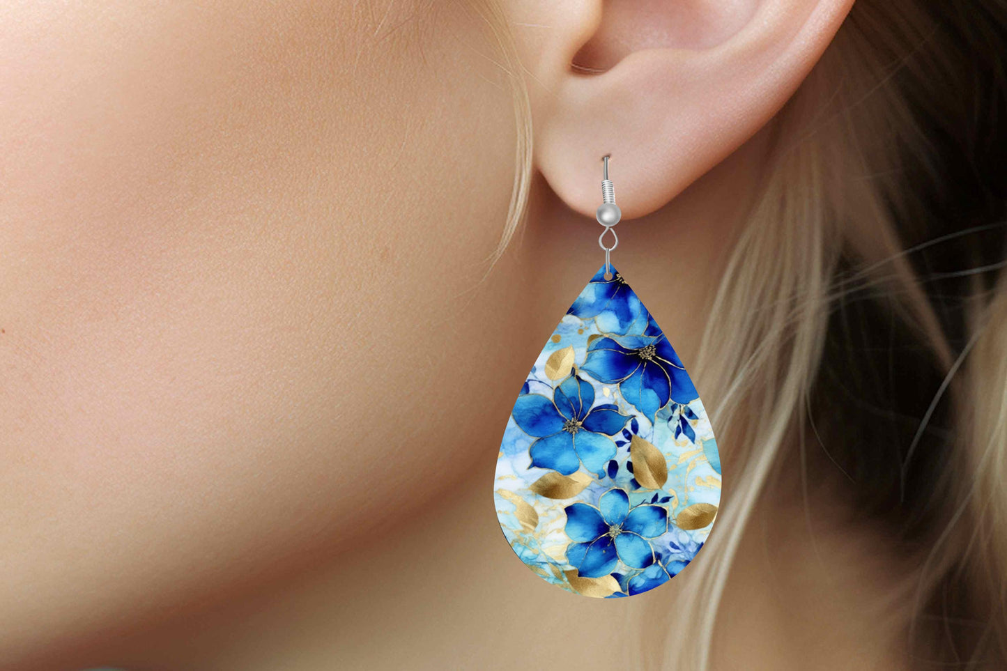 New Release Gilded Blue Floral Print Earrings, Teardrop Dangle Printed Earrings Jewelry Handmade