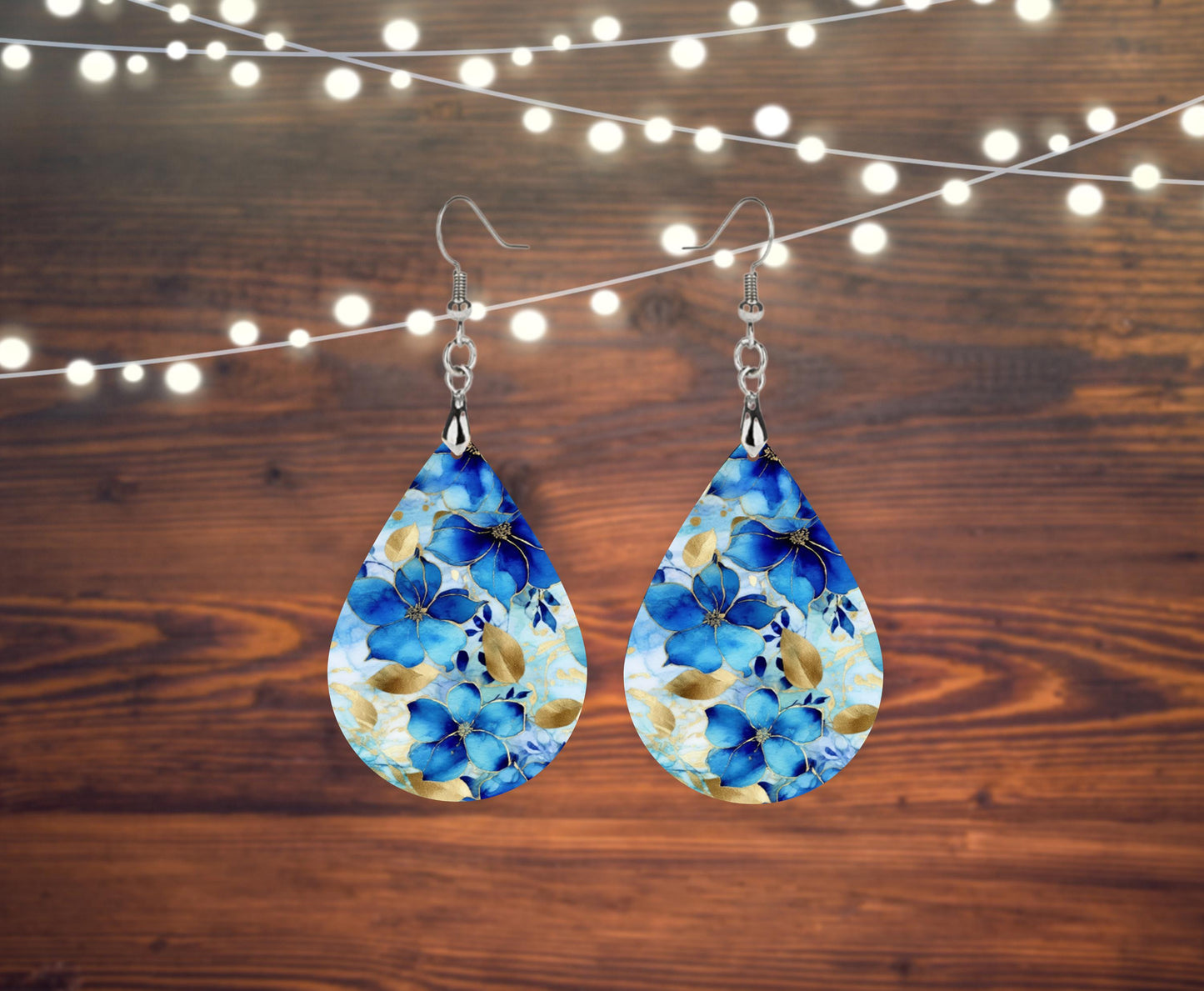 New Release Gilded Blue Floral Print Earrings, Teardrop Dangle Printed Earrings Jewelry Handmade