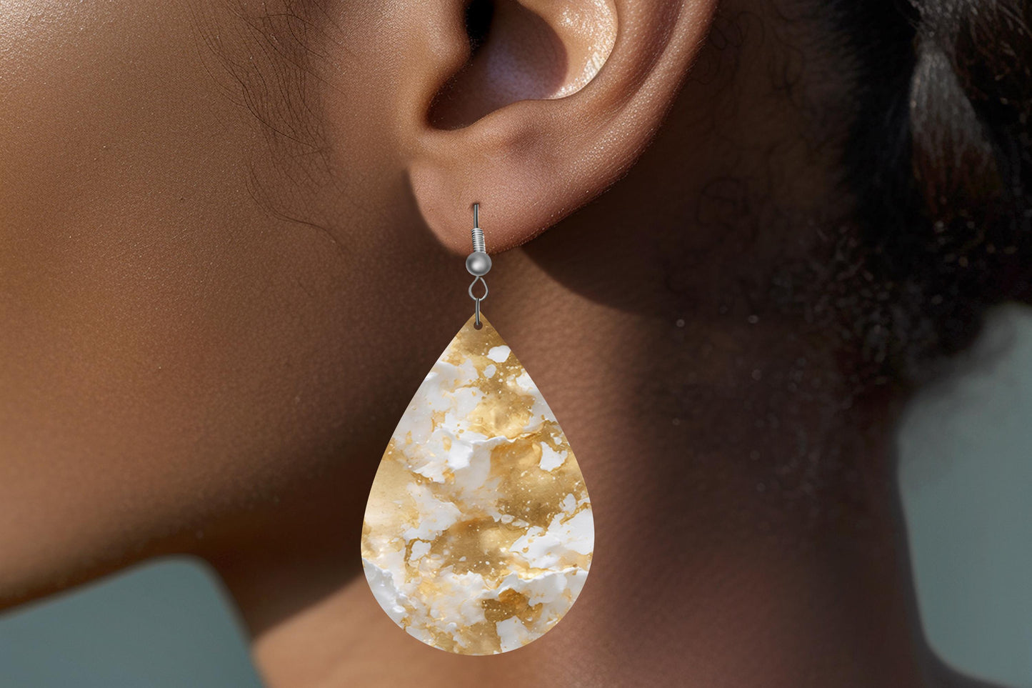 New Release Gold and White Marble Print Earrings, Teardrop Dangle Printed Earrings Jewelry Handmade