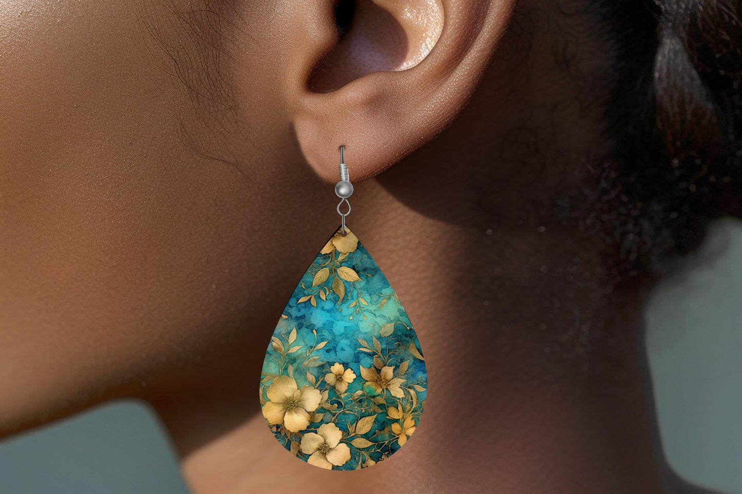 New Release Gold Blooms Print Earrings, Teardrop Dangle Printed Earrings Jewelry Handmade