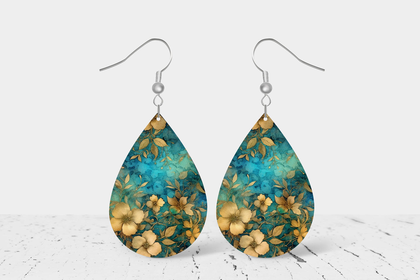 New Release Gold Blooms Print Earrings, Teardrop Dangle Printed Earrings Jewelry Handmade