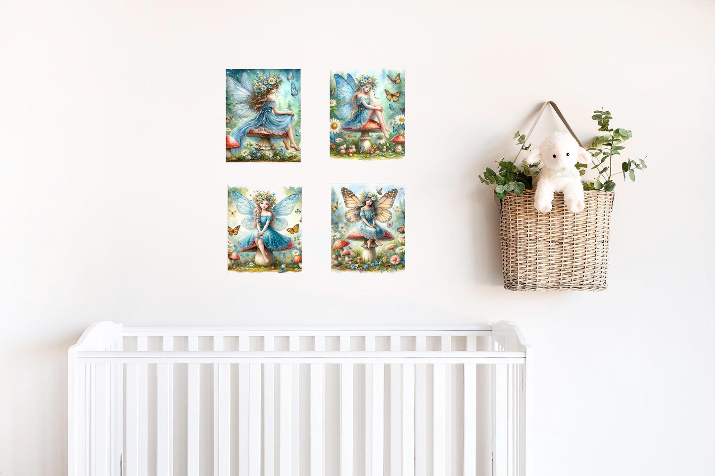 Set of 4  8x10 Blue Fairies on Mushrooms Wall Art Canvas Print, Contemporary Wall Art