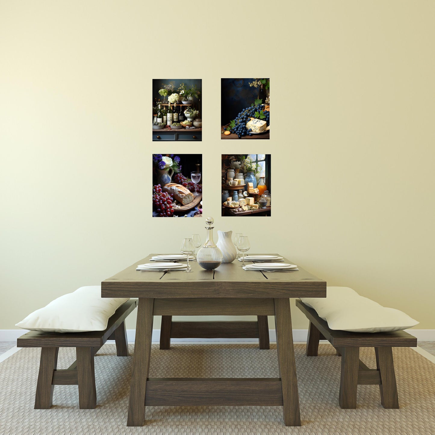 Set of 4  8x10 French Wine and Cheese Wall Art Canvas Print, Contemporary Wall Art