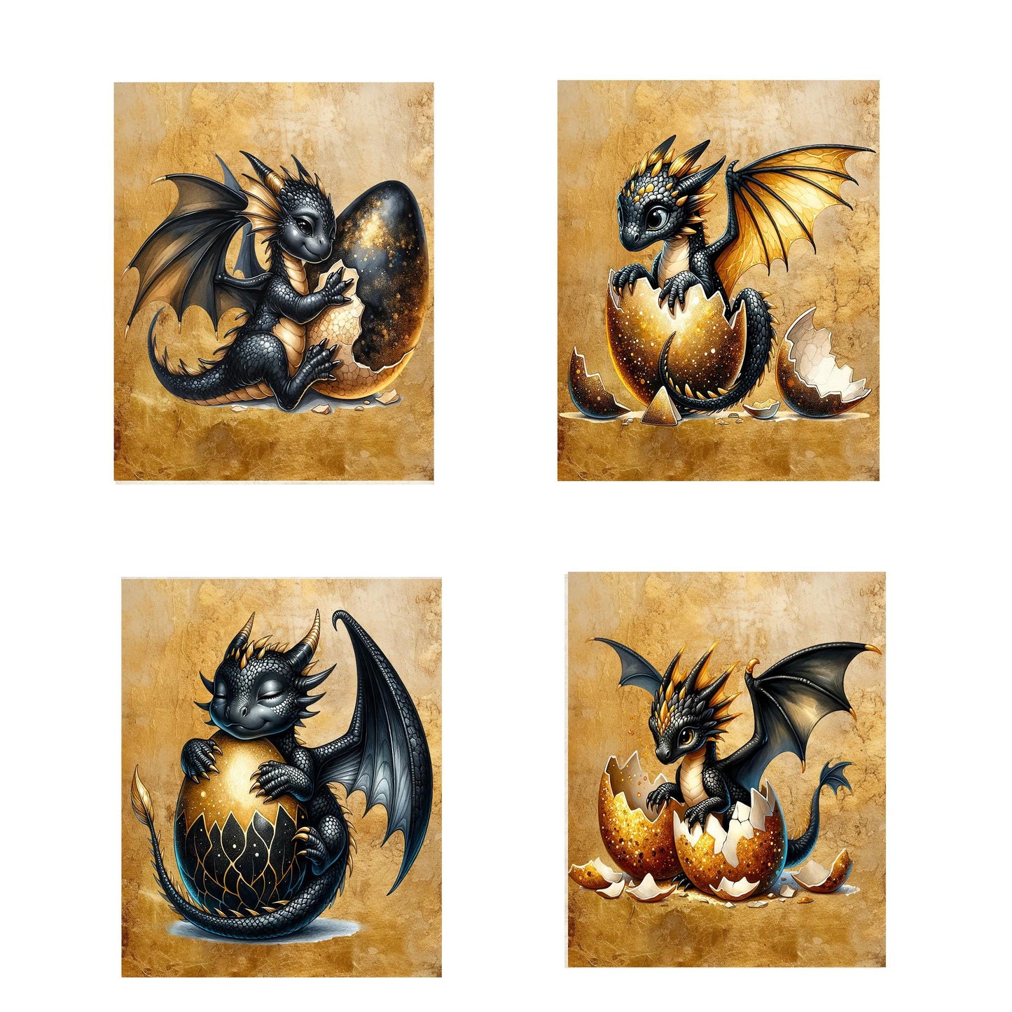 Set of 4  8x10 Black and Gold Dragons Wall Art, Canvas Prints, Contemporary Wall Art