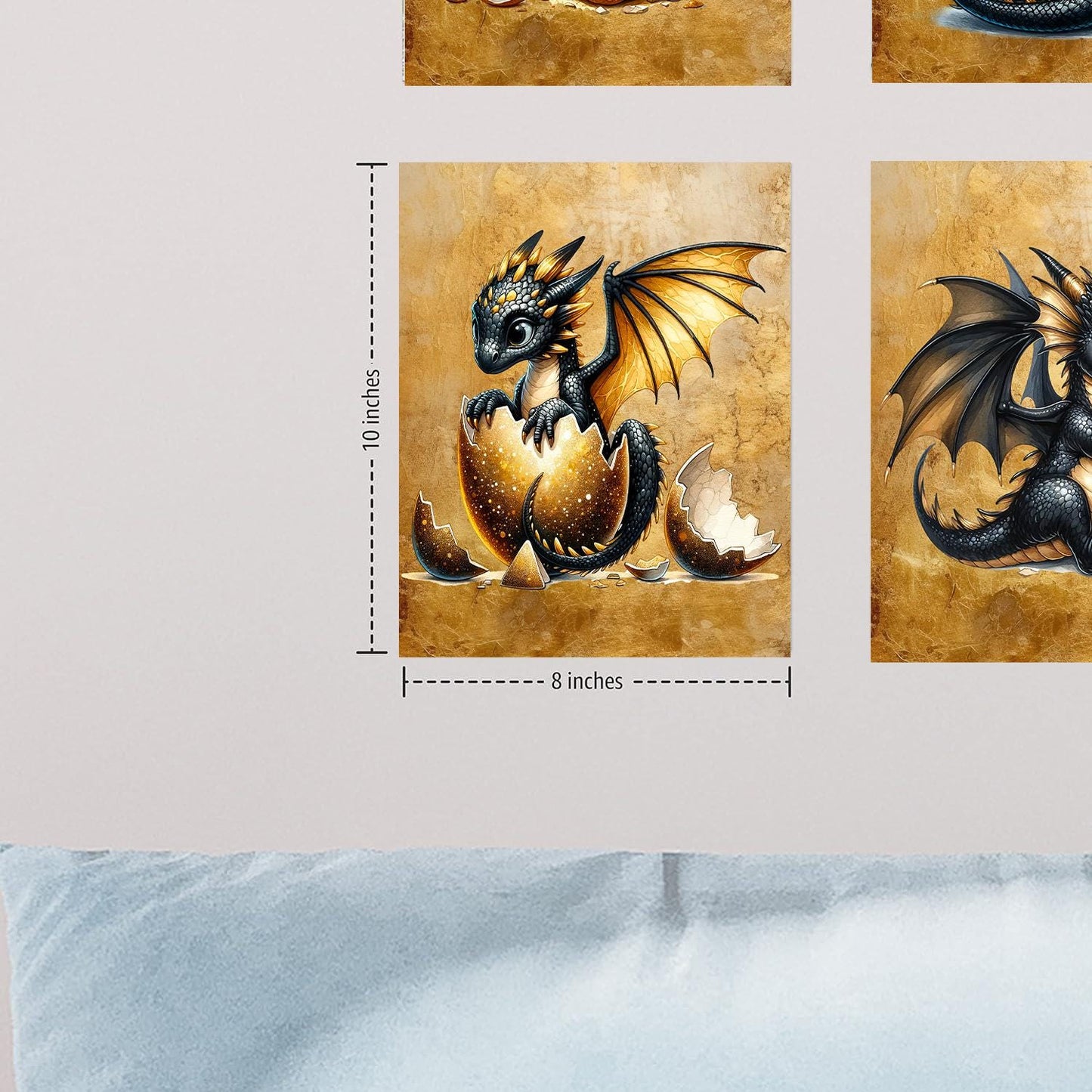 Set of 4  8x10 Black and Gold Dragons Wall Art, Canvas Prints, Contemporary Wall Art