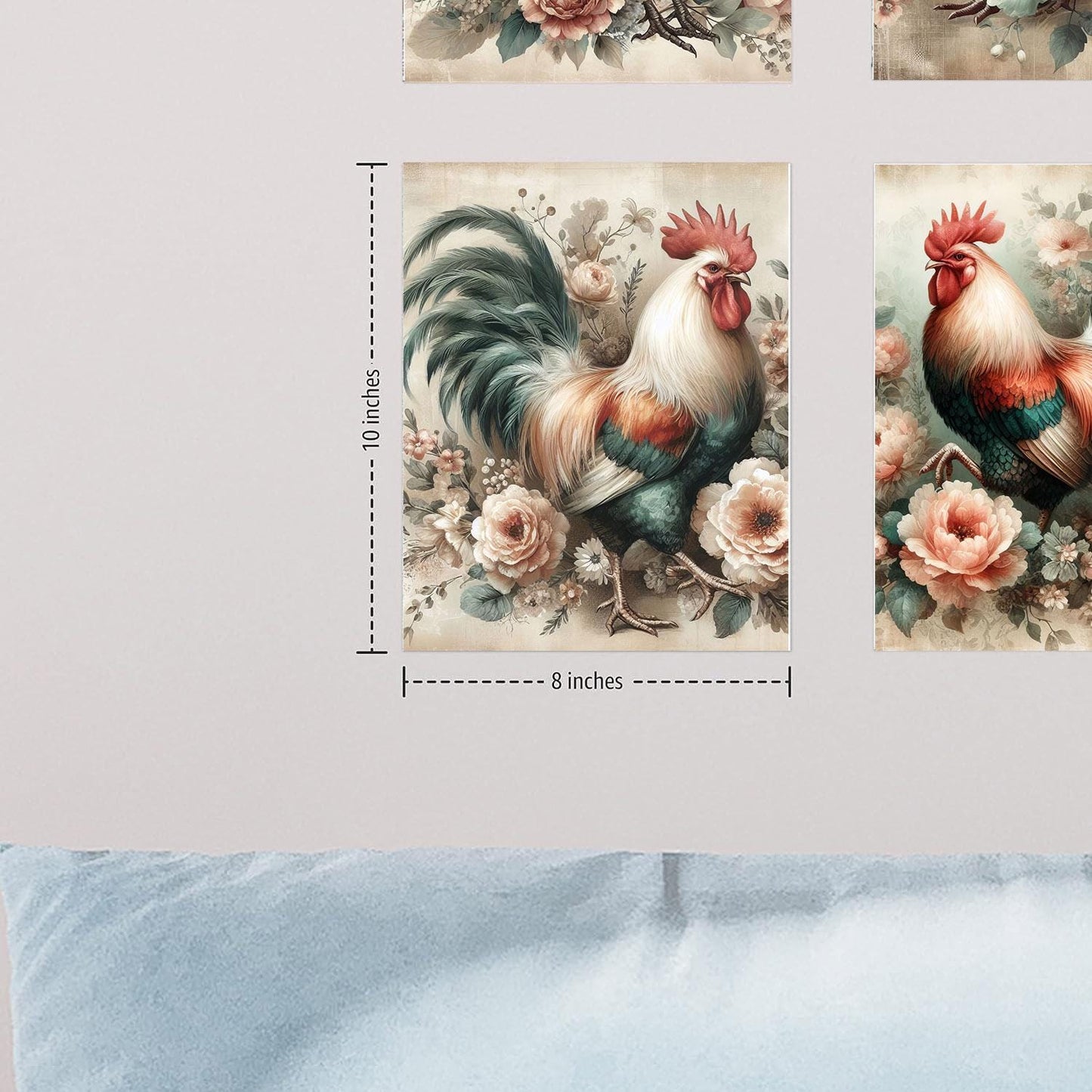 Set of 4  8x10 Floral Rooster Wall Art, Canvas Prints, Contemporary Wall Art