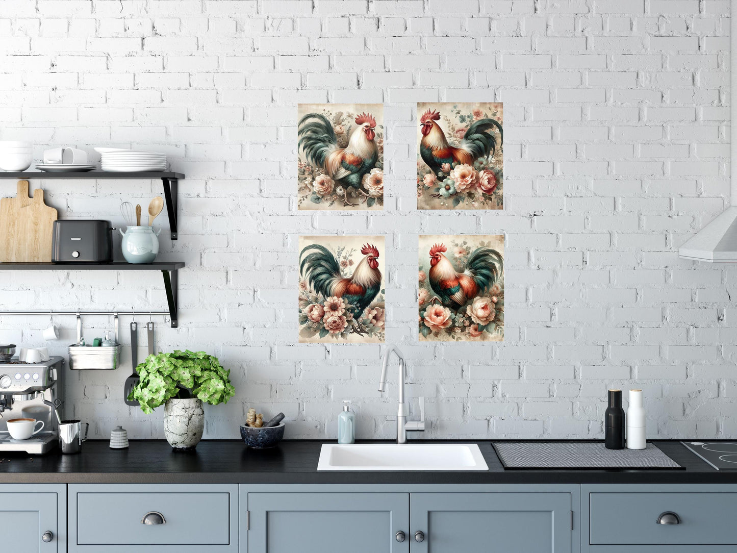 Set of 4  8x10 Floral Rooster Wall Art, Canvas Prints, Contemporary Wall Art