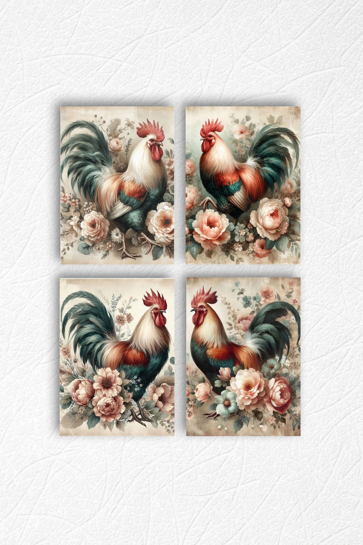 Set of 4  8x10 Floral Rooster Wall Art, Canvas Prints, Contemporary Wall Art