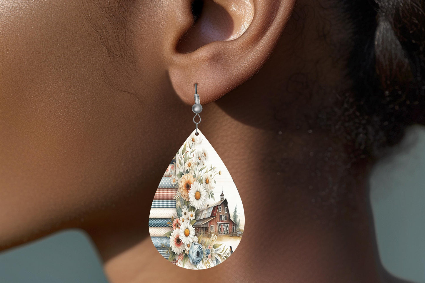 Rustic Barn Print Earrings, Teardrop Dangle Printed Earrings Jewelry Handmade