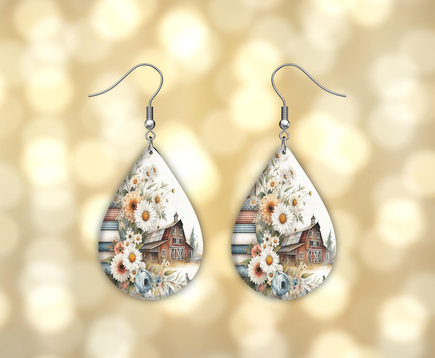 Rustic Barn Print Earrings, Teardrop Dangle Printed Earrings Jewelry Handmade