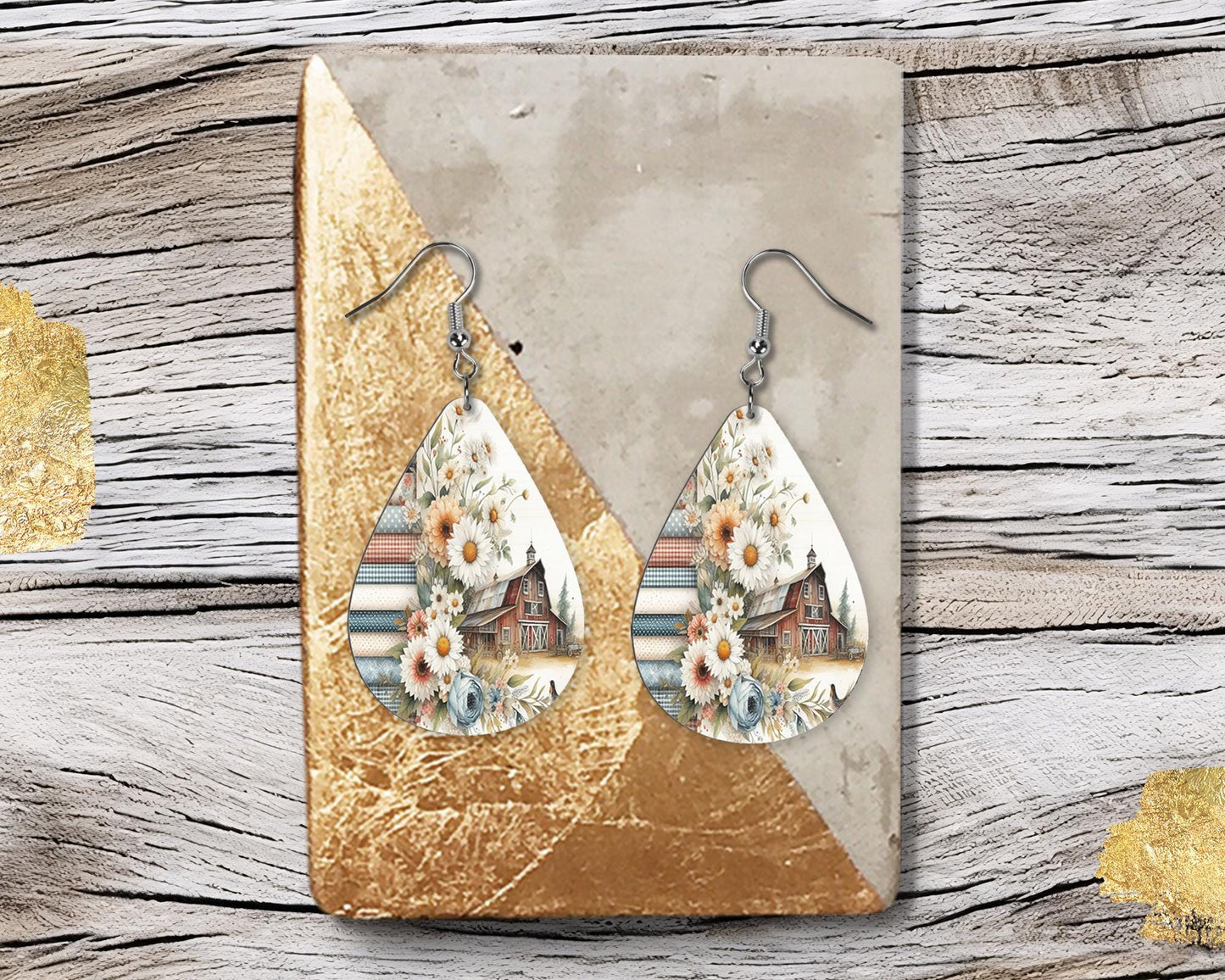 Rustic Barn Print Earrings, Teardrop Dangle Printed Earrings Jewelry Handmade