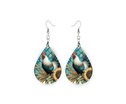 Teal Rooster Print Earrings, Teardrop Dangle Printed Earrings Jewelry Handmade