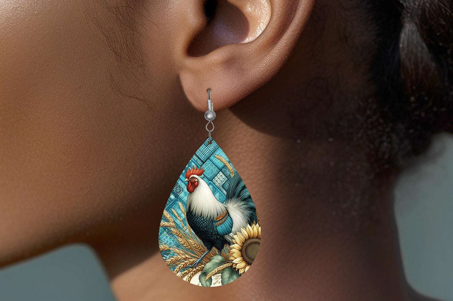 Teal Rooster Print Earrings, Teardrop Dangle Printed Earrings Jewelry Handmade