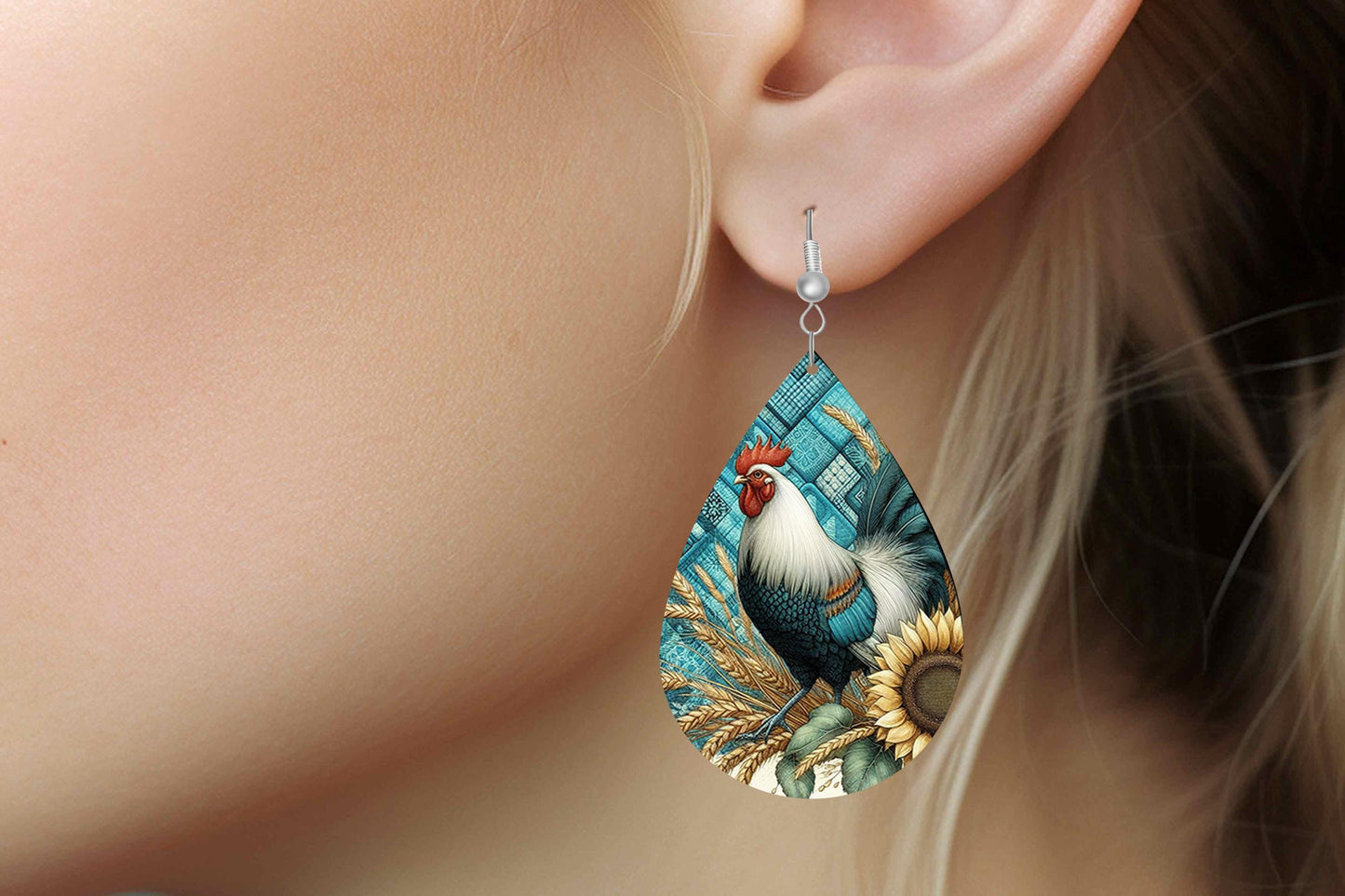 Teal Rooster Print Earrings, Teardrop Dangle Printed Earrings Jewelry Handmade