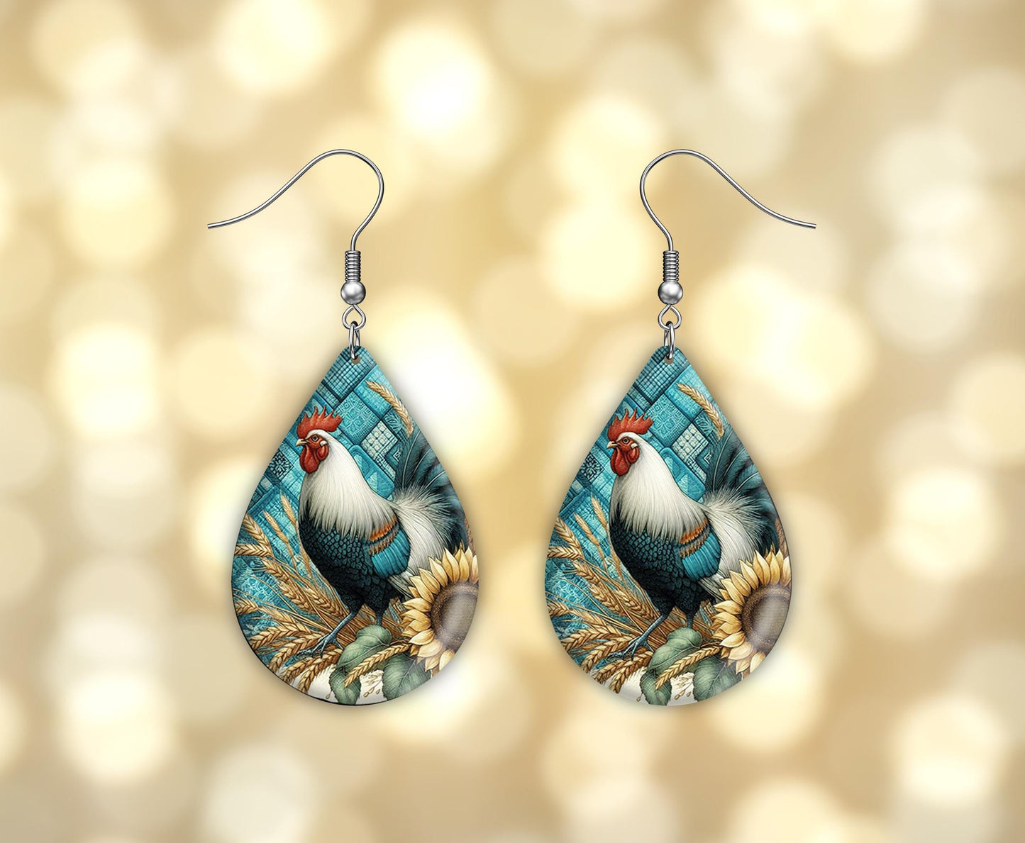 Teal Rooster Print Earrings, Teardrop Dangle Printed Earrings Jewelry Handmade