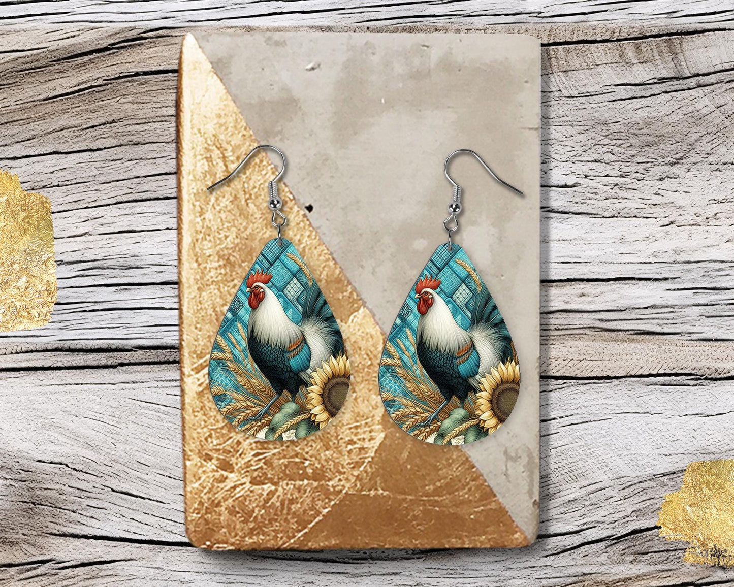 Teal Rooster Print Earrings, Teardrop Dangle Printed Earrings Jewelry Handmade