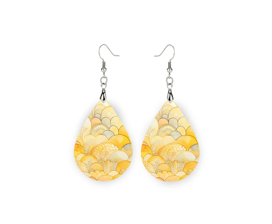 Yellow Fans Print Earrings, Teardrop Dangle Printed Earrings Jewelry Handmade