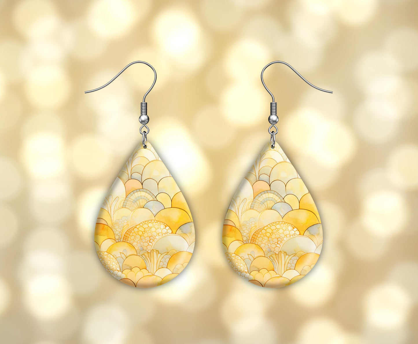 Yellow Fans Print Earrings, Teardrop Dangle Printed Earrings Jewelry Handmade