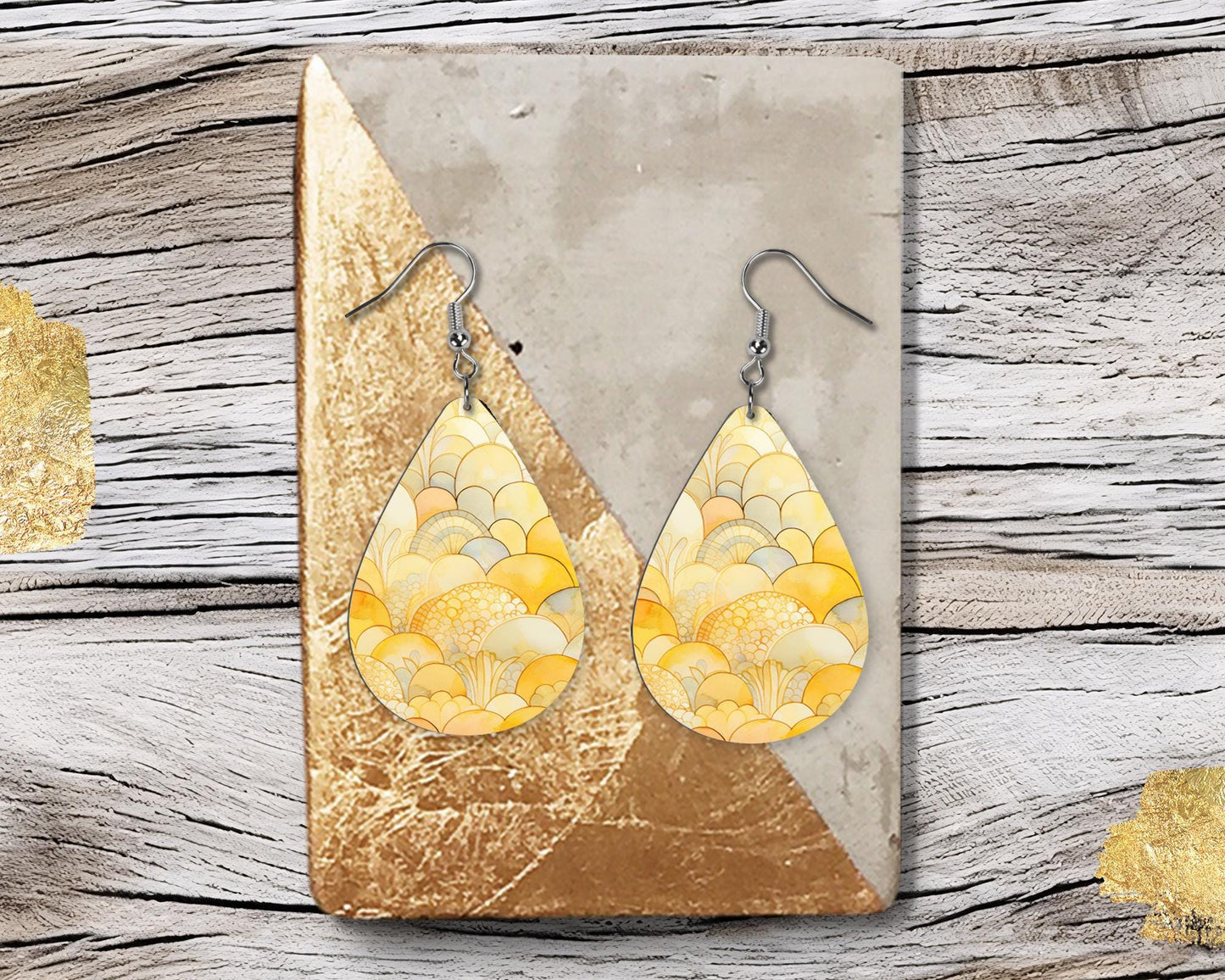 Yellow Fans Print Earrings, Teardrop Dangle Printed Earrings Jewelry Handmade