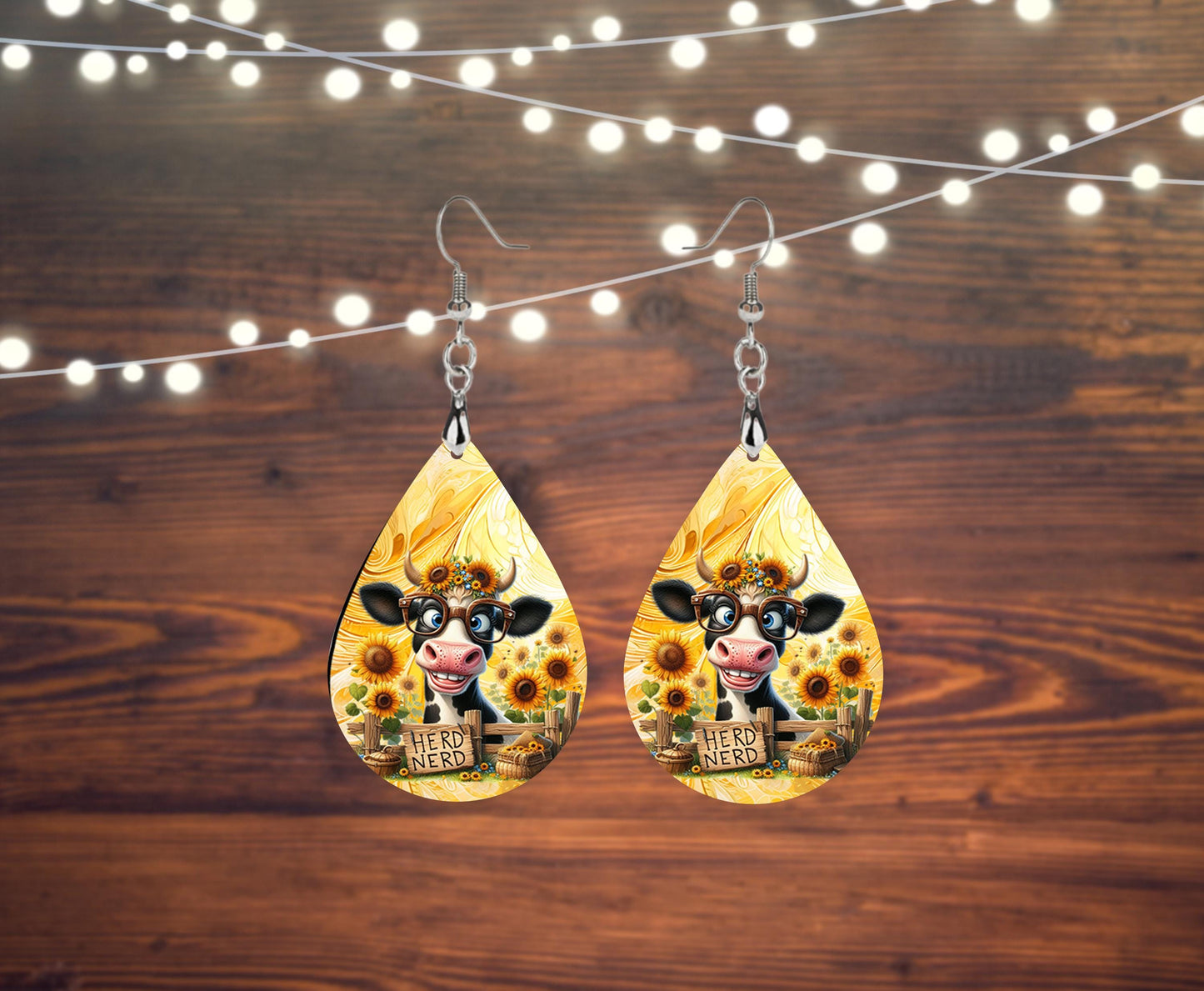 Herd Nerd Print Earrings, Teardrop Dangle Printed Earrings Jewelry Handmade