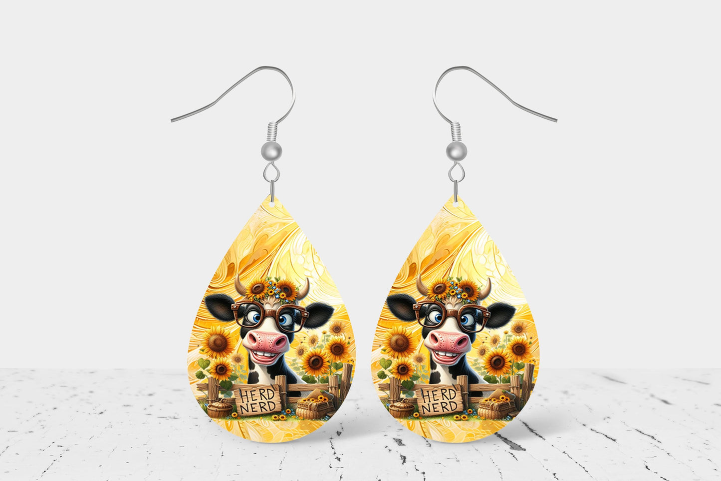 Herd Nerd Print Earrings, Teardrop Dangle Printed Earrings Jewelry Handmade