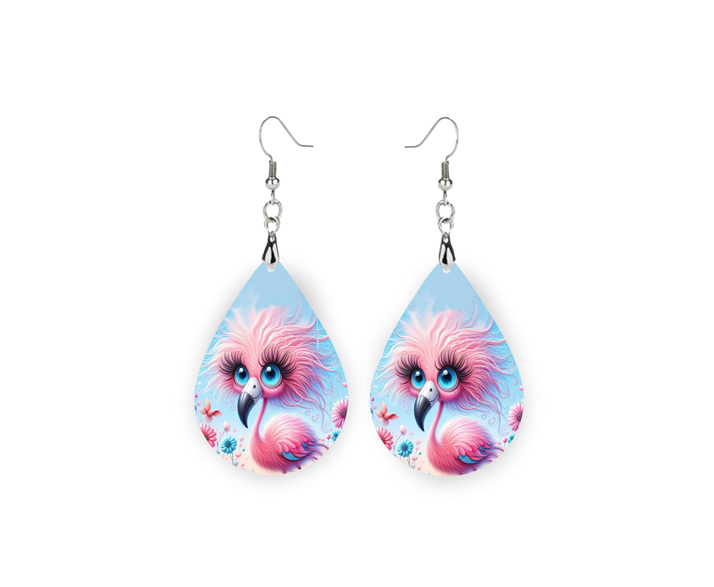 Quirky Pink Flamingo Print Earrings Print Tear Drop Wood Dangle Earrings Hypoallergenic Jewelry