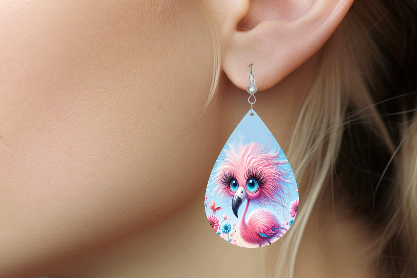 Quirky Pink Flamingo Print Earrings Print Tear Drop Wood Dangle Earrings Hypoallergenic Jewelry