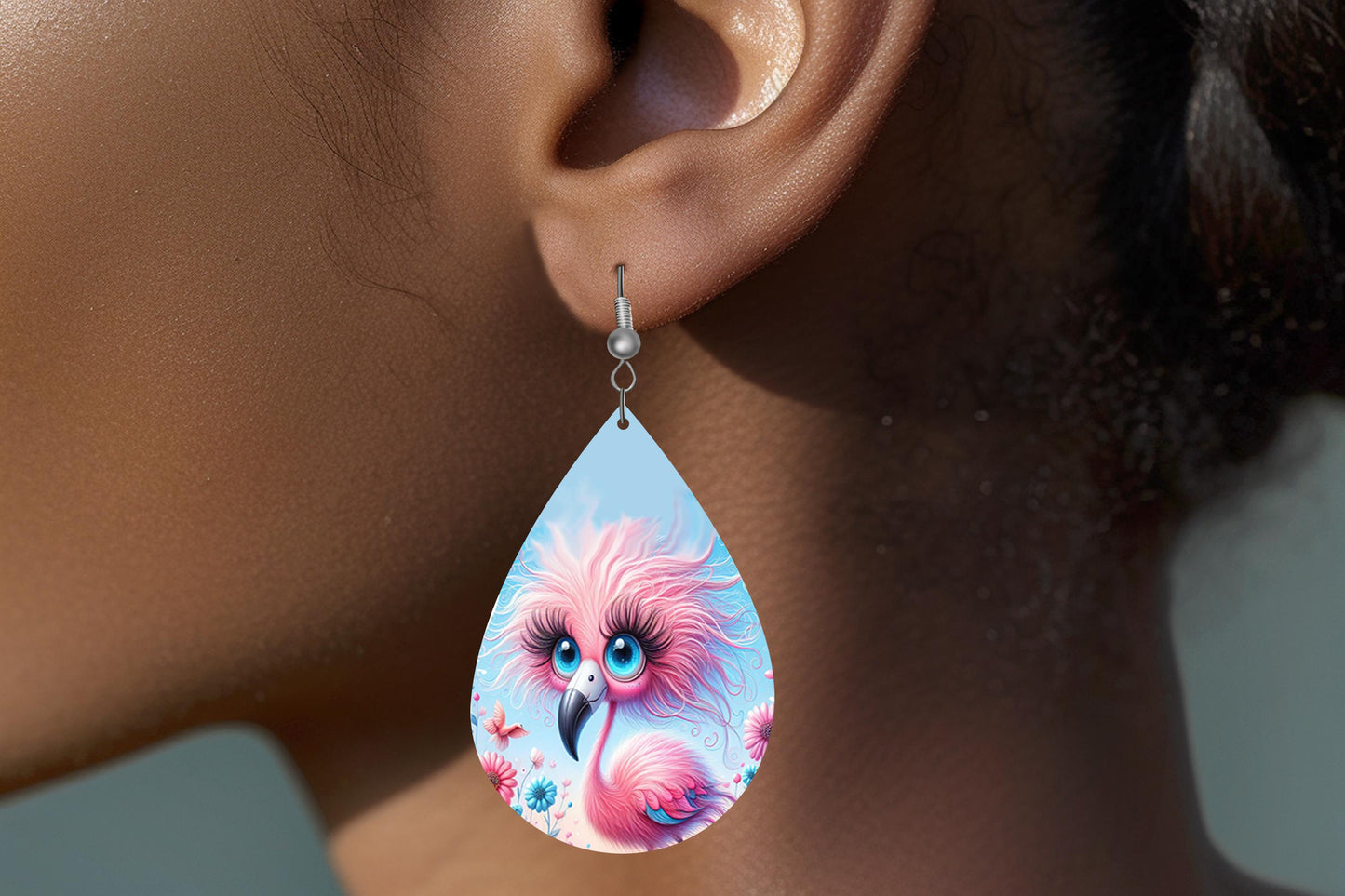 Quirky Pink Flamingo Print Earrings Print Tear Drop Wood Dangle Earrings Hypoallergenic Jewelry