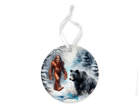 Bigfoot and Black Bear Ornament, Ceramic Christmas Ornament