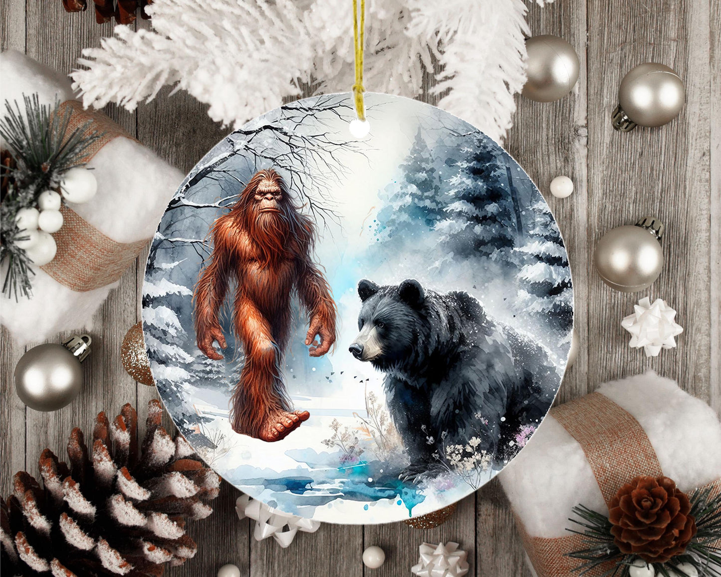 Bigfoot and Black Bear Ornament, Ceramic Christmas Ornament