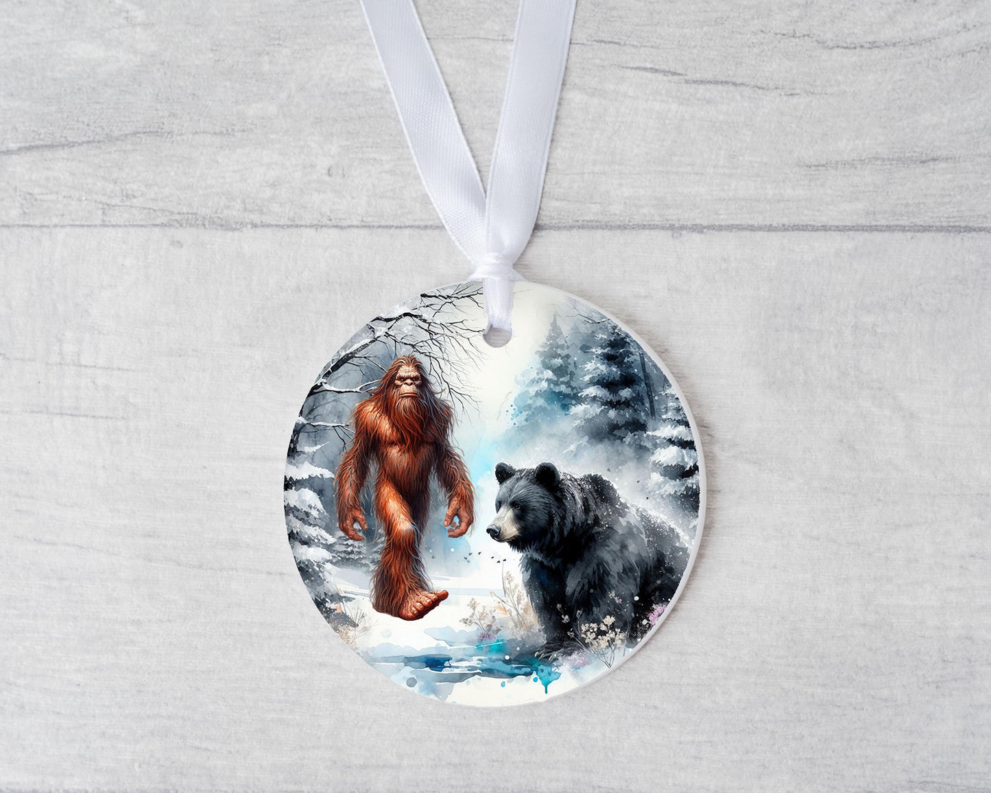 Bigfoot and Black Bear Ornament, Ceramic Christmas Ornament