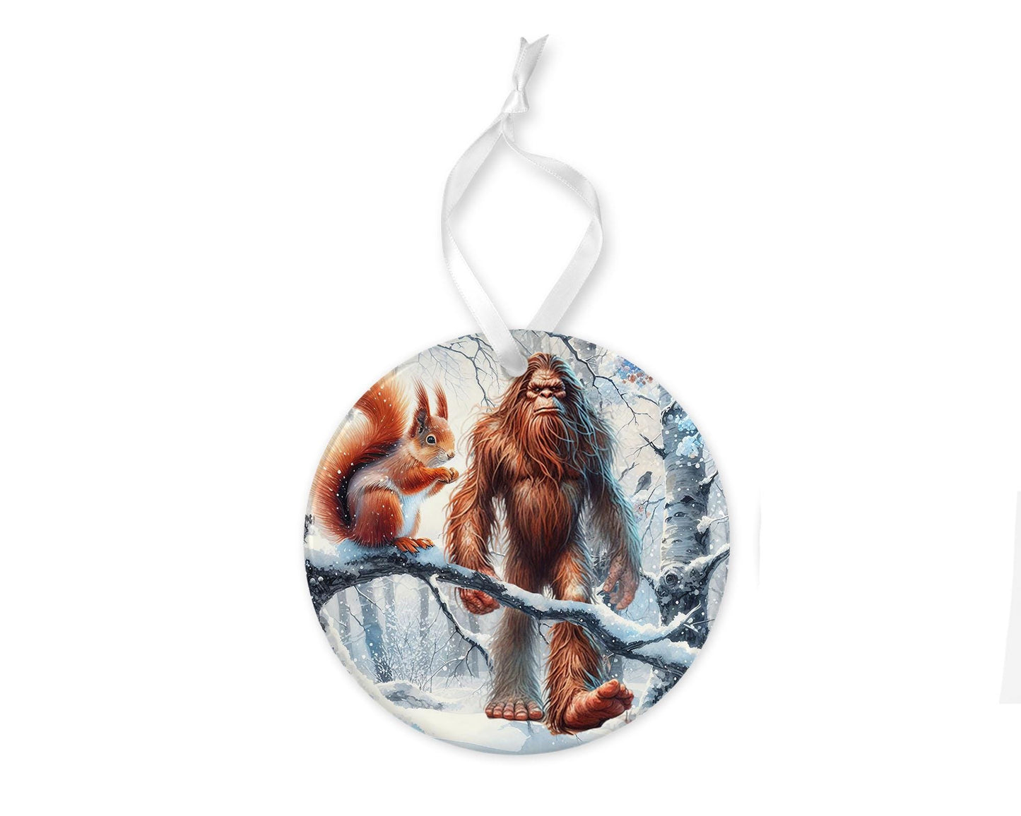 Bigfoot and Squirrel Ornament, Ceramic Christmas Ornament