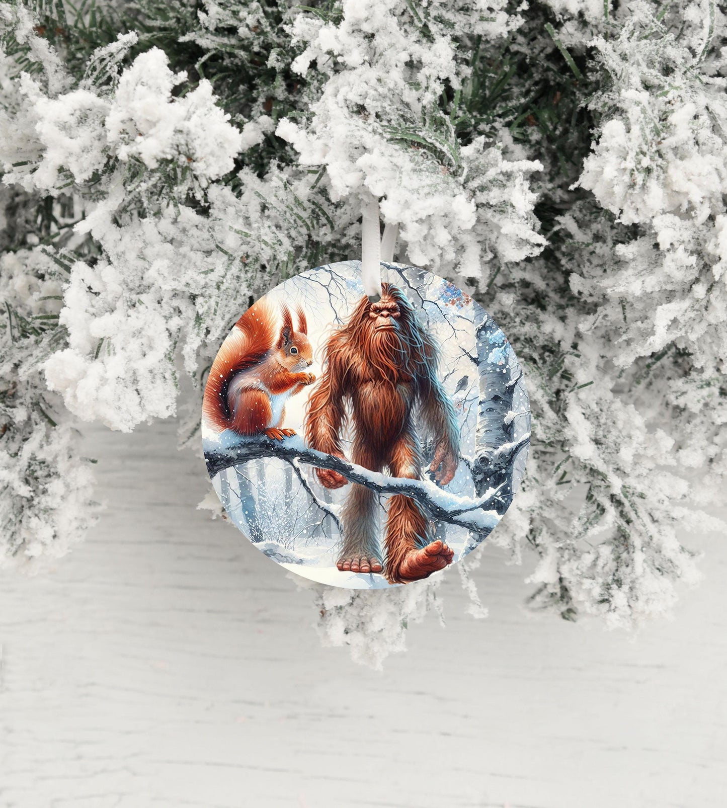 Bigfoot and Squirrel Ornament, Ceramic Christmas Ornament