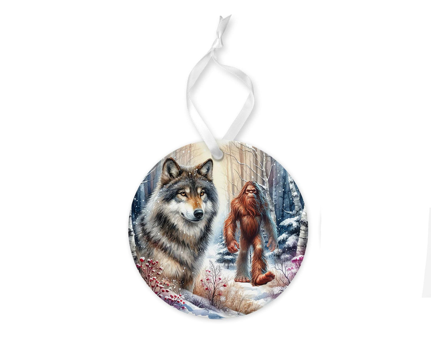 Bigfoot and Wolf Ornament, Ceramic Christmas Ornament