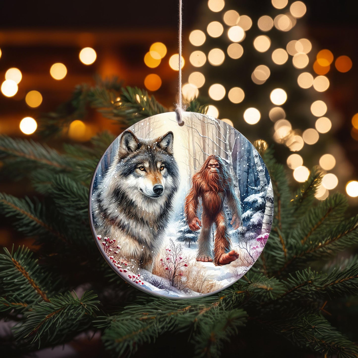 Bigfoot and Wolf Ornament, Ceramic Christmas Ornament