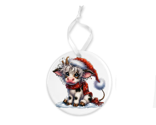 Cute Cow in Santa Hat Ornament, Ceramic Christmas Ornament