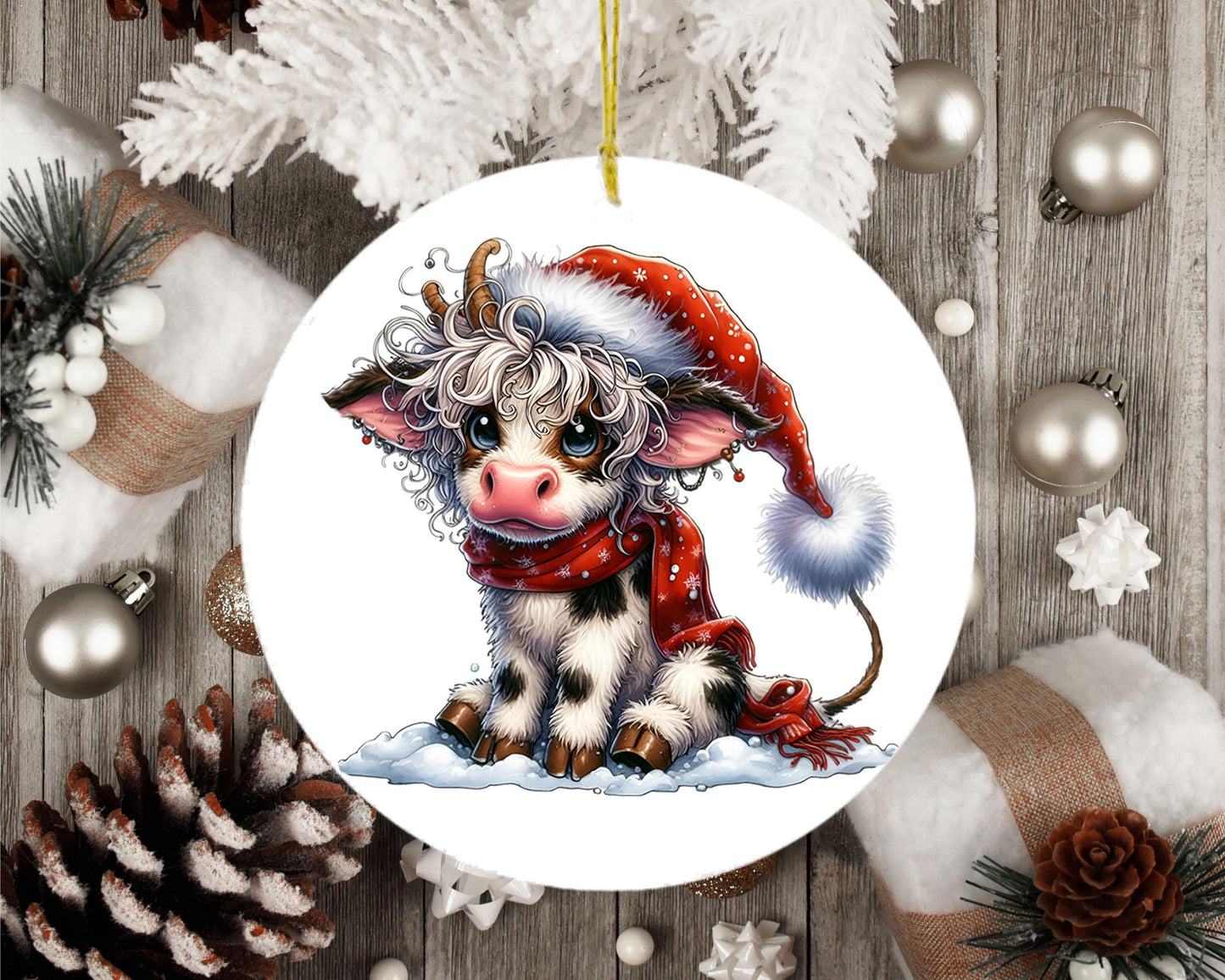 Cute Cow in Santa Hat Ornament, Ceramic Christmas Ornament