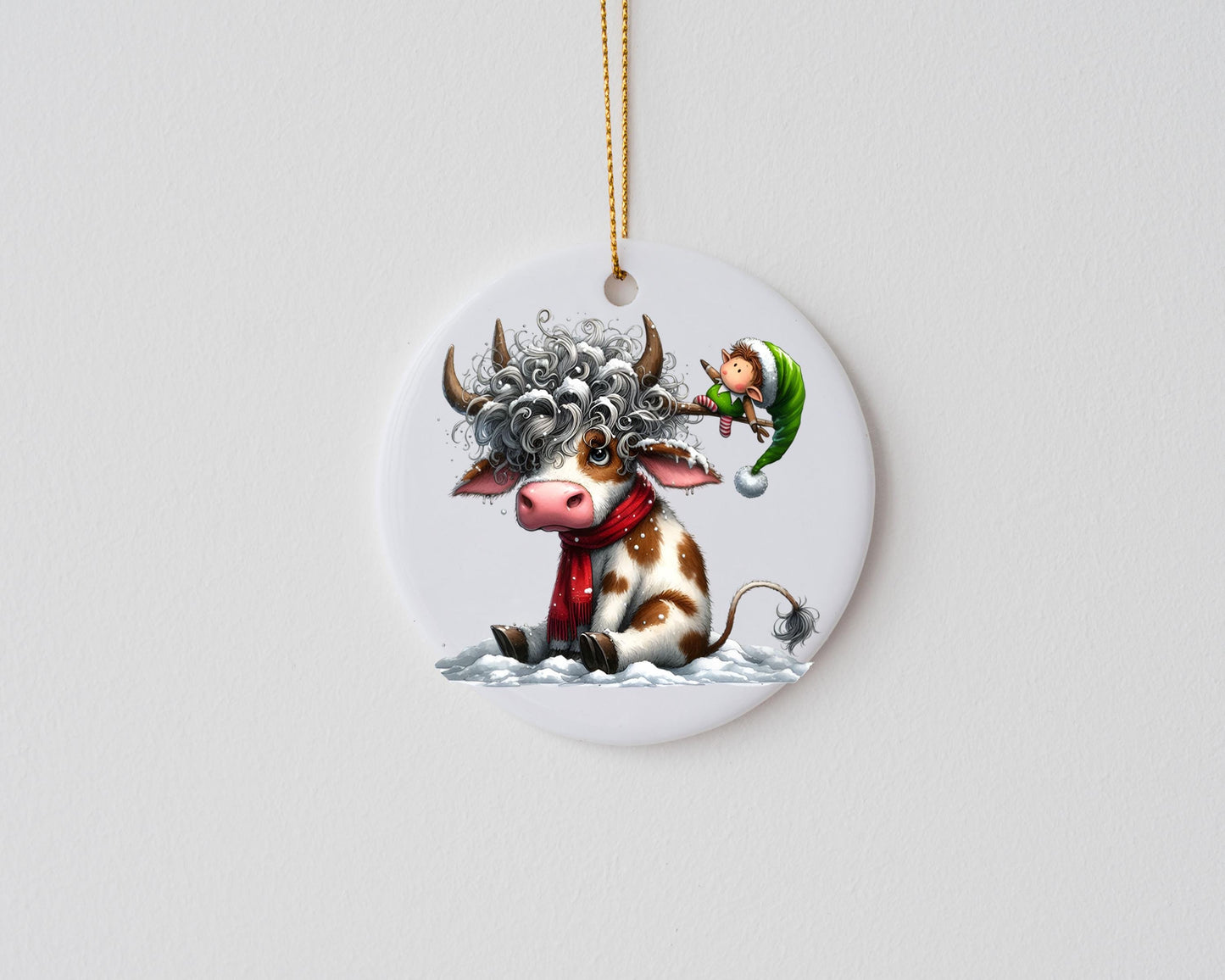 Christmas Cow and Elf Christmas Ornament, Ceramic Christmas Ornament, Christmas Decorations