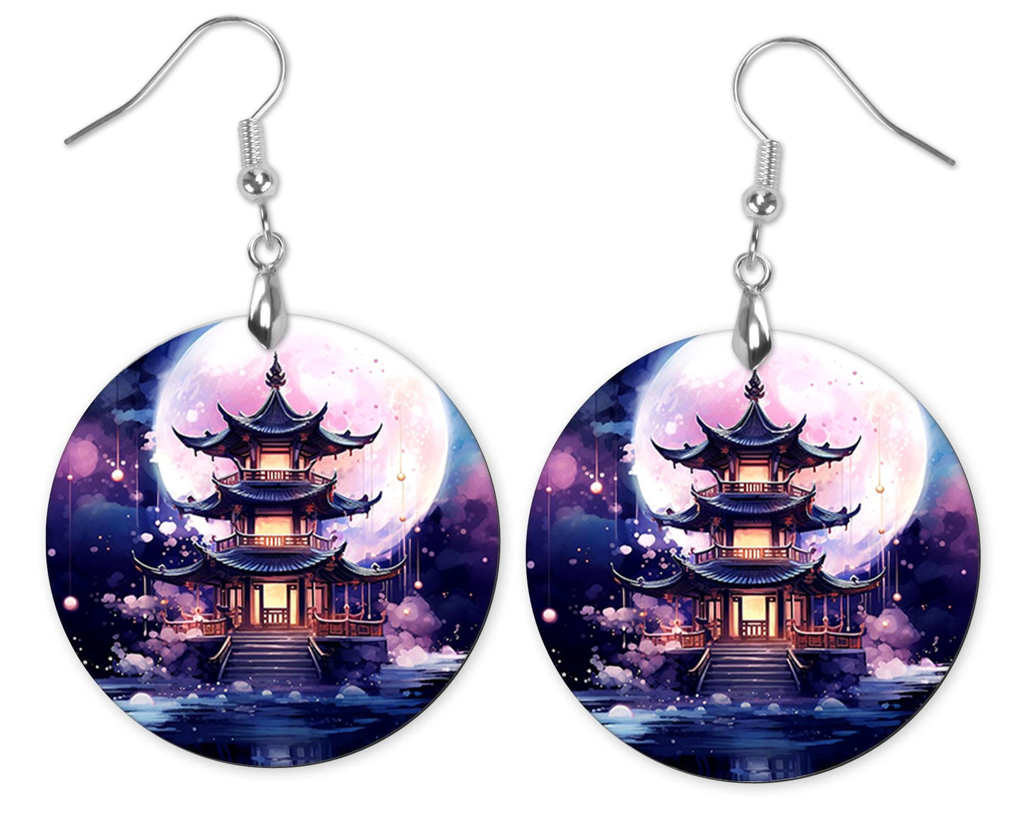 Pagoda Round Printed Wood Earrings Handmade Jewelry