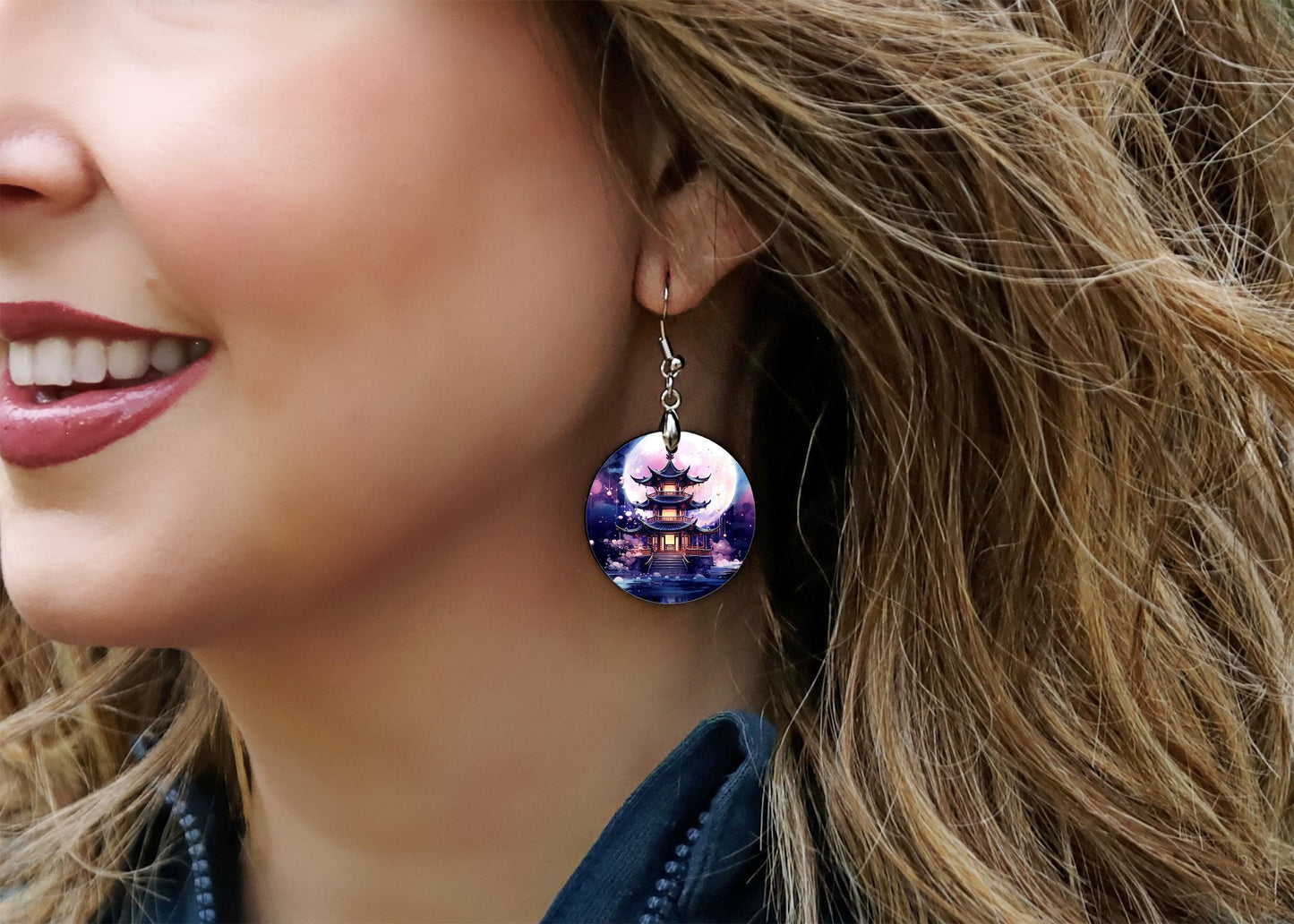 Pagoda Round Printed Wood Earrings Handmade Jewelry