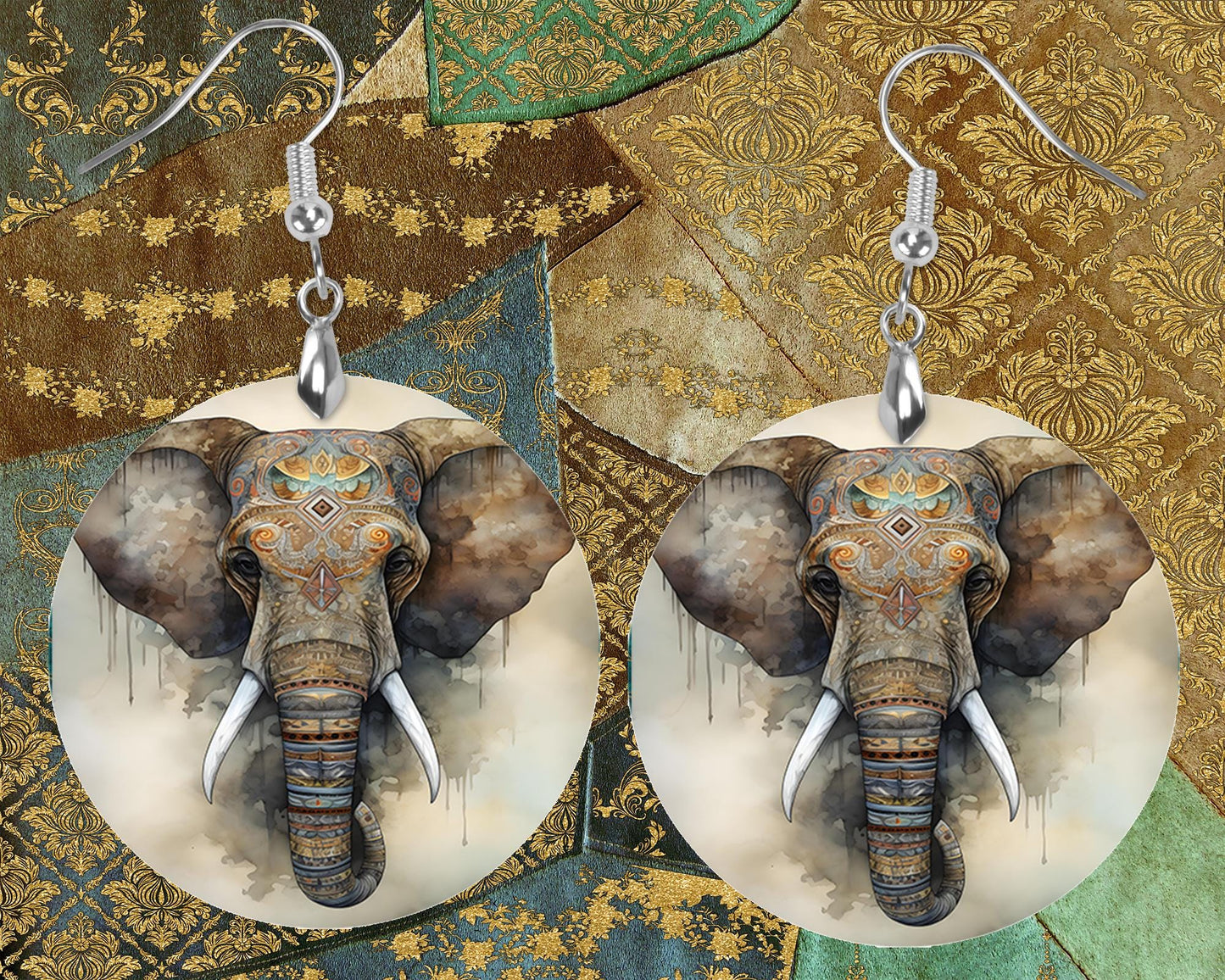 New Release, Tribal Elephant Round Printed Wood Earrings Handmade Jewelry