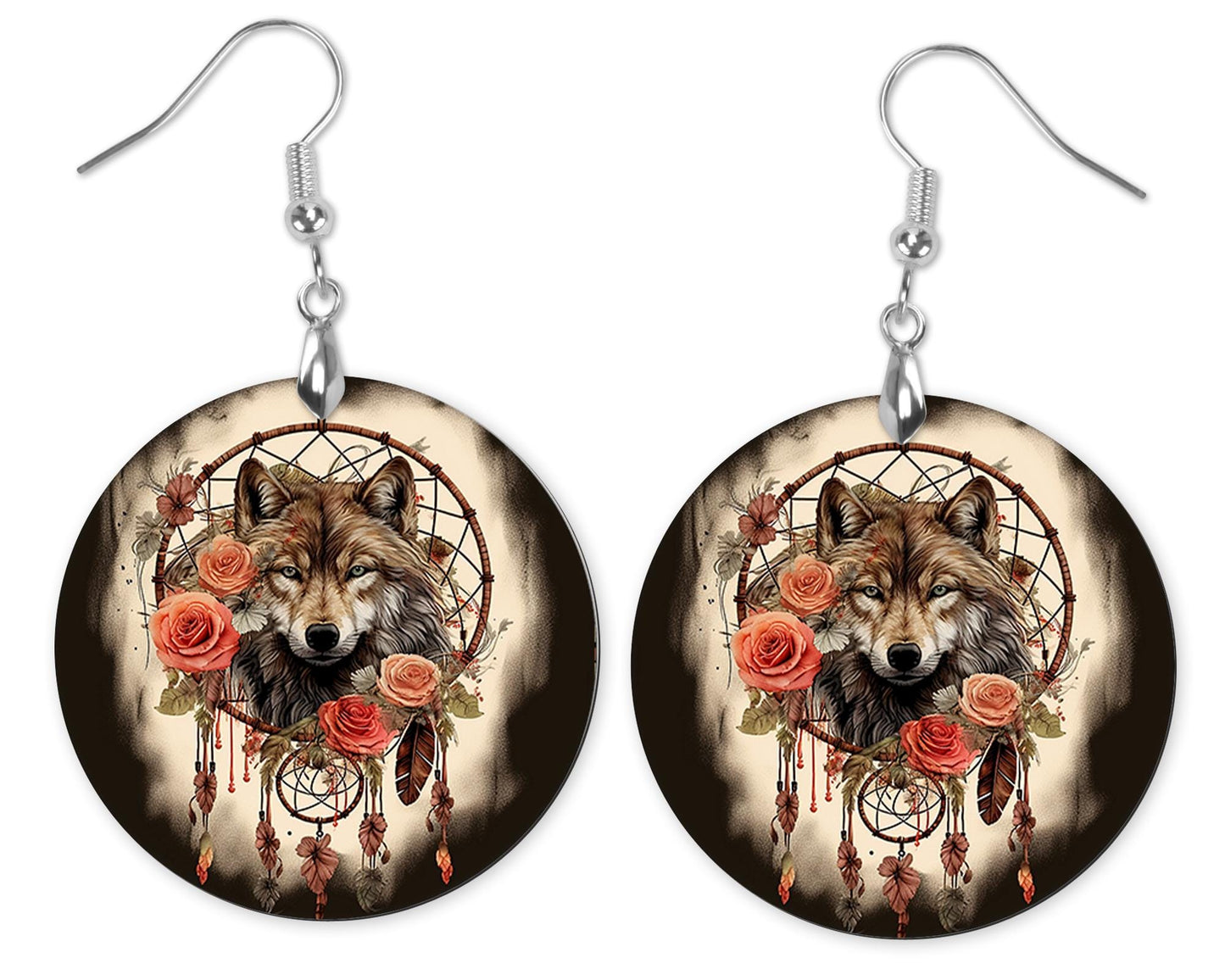 New Release, Wolf Dream Catcher Round Printed Wood Earrings Handmade Jewelry