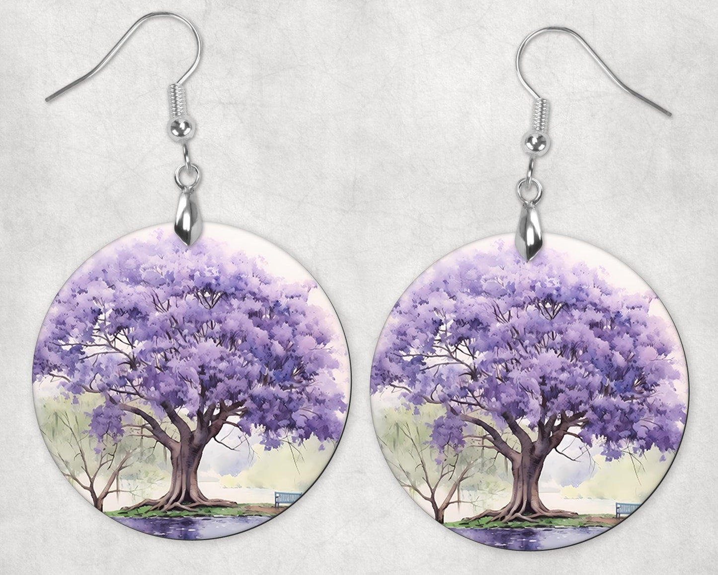 Watercolor Purple Tree Round Printed Wood Earrings Handmade Jewelry