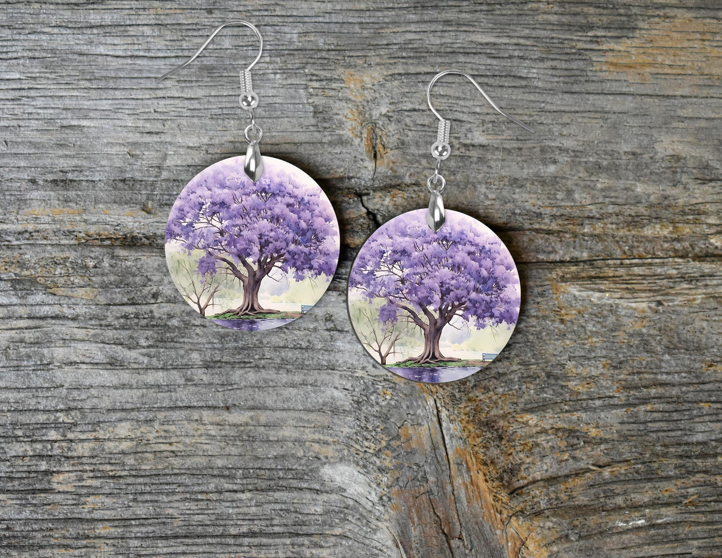 Watercolor Purple Tree Round Printed Wood Earrings Handmade Jewelry