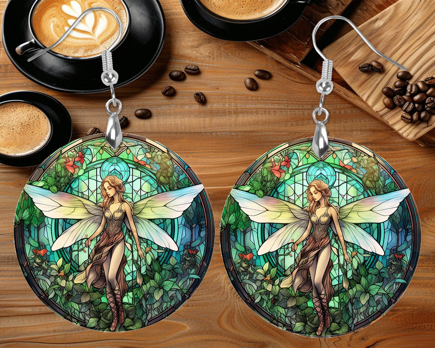 New Release, Stain Glass Fairy Round Printed Wood Earrings Handmade Jewelry