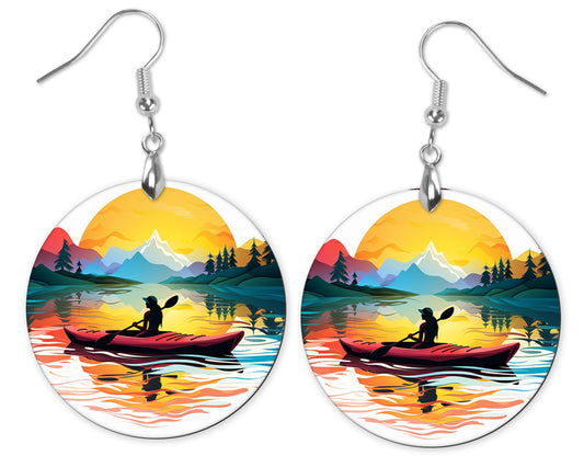 Sunset Kayak Round Wood Dangle Earrings Hypoallergenic Jewelry