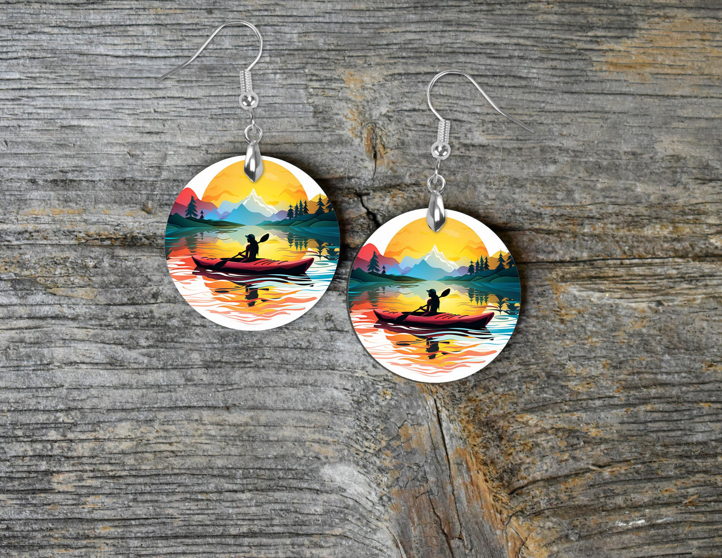 Sunset Kayak Round Wood Dangle Earrings Hypoallergenic Jewelry