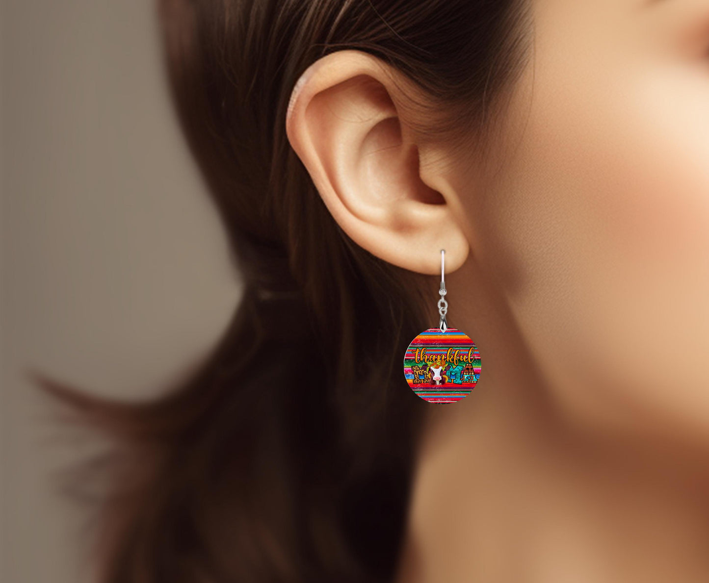 Thankful Mama Serape Round Wood Dangle Earrings Hypoallergenic Jewelry