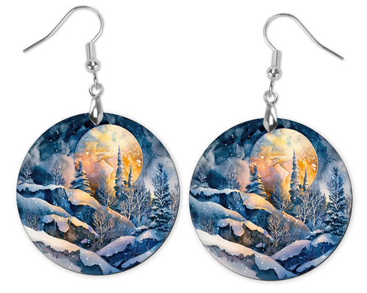 Winter Moon Round Wood Dangle Earrings Hypoallergenic Jewelry